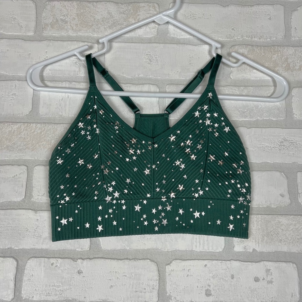 Victoria's Secret Green Ribbed Seamless Metallic Star Sports Bra Racerback Small